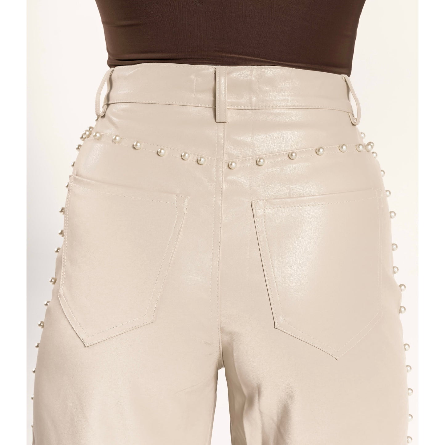 CREAM VEGAN LEATHER WIDE LEG PANTS