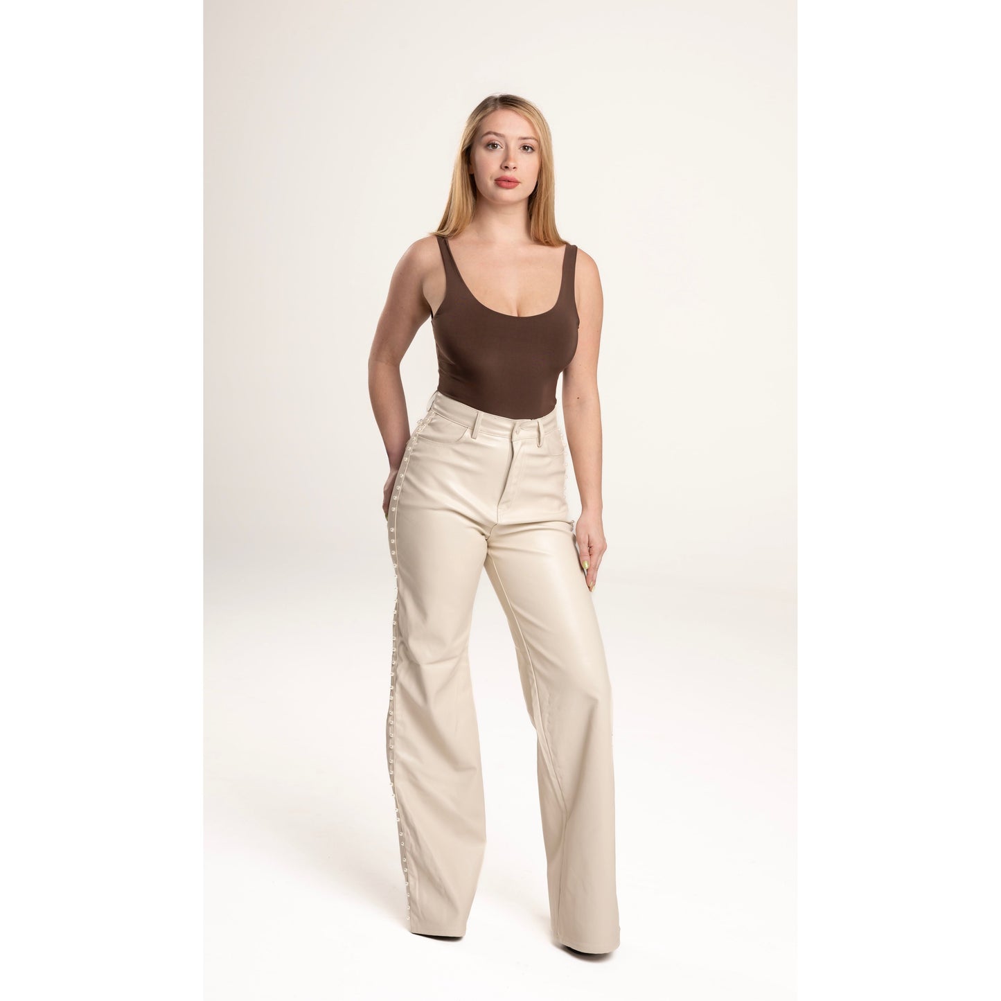 CREAM VEGAN LEATHER WIDE LEG PANTS