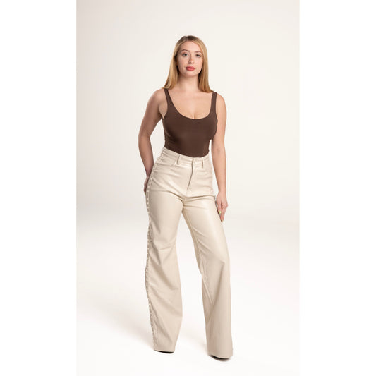 CREAM VEGAN LEATHER WIDE LEG PANTS
