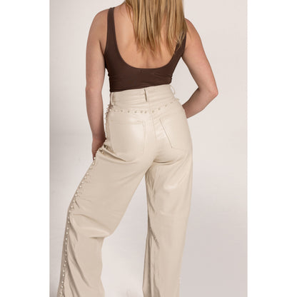 CREAM VEGAN LEATHER WIDE LEG PANTS