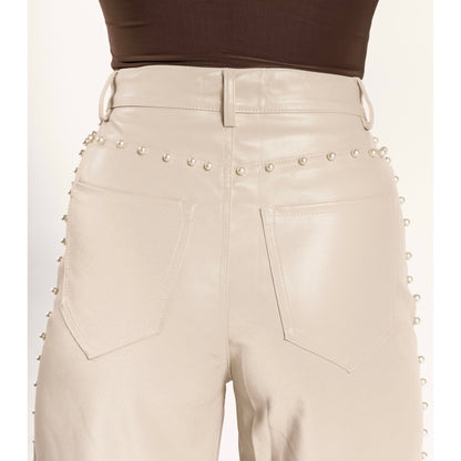 CREAM VEGAN LEATHER WIDE LEG PANTS